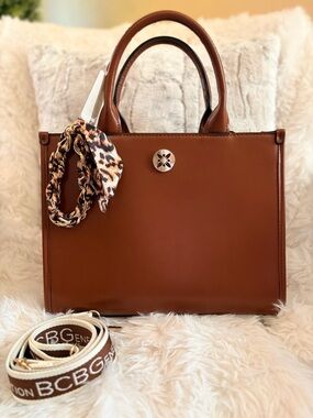 BCBGeneration Cognac Brown Structured Satchel with Leopard clip wristlet scarf